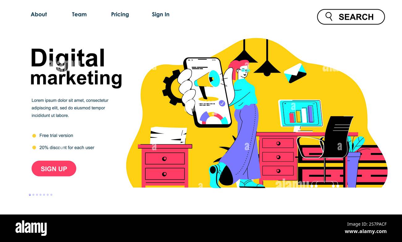 Digital marketing concept for landing page template. Marketer analyzes ...
