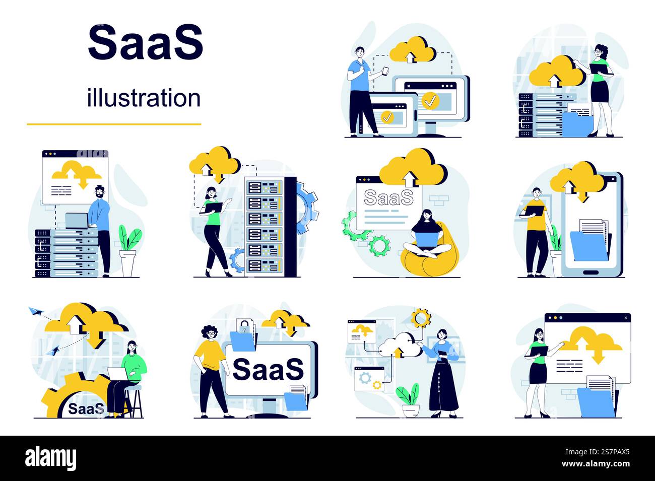 SaaS concept with character situations mega set. Bundle of scenes people using cloud processing or storage, database and programs access with subscription. Vector illustrations in flat web design Stock Vector