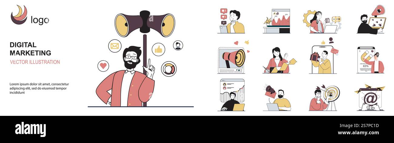 Digital marketing concept with character situations collection. Bundle ...