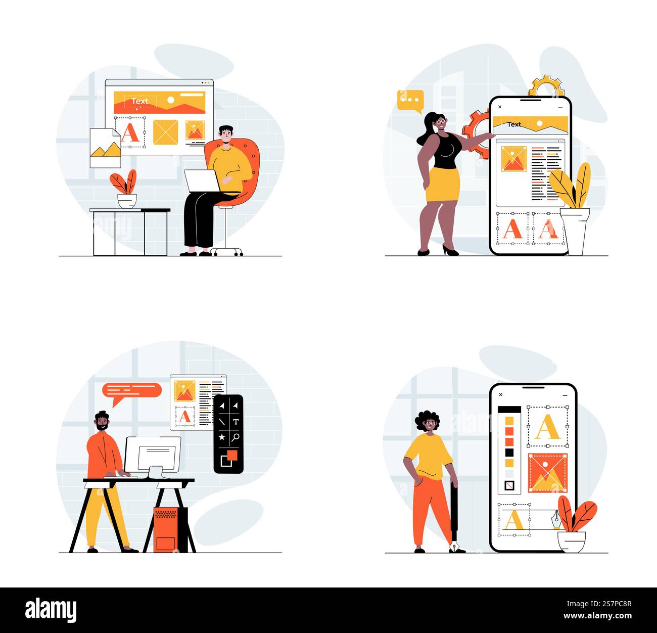 App development concept with character set. Collection of scenes people programming mobile software, interface layouts for application, making digital projects. Vector illustrations in flat web design Stock Vector