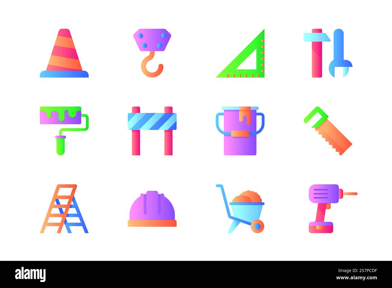 Construction icons set in color flat design. Pack of traffic cone, building crane, ruler, tools, paint roller, barrier, saw, ladder, helmet and other. Vector pictograms for web sites and mobile app Stock Vector