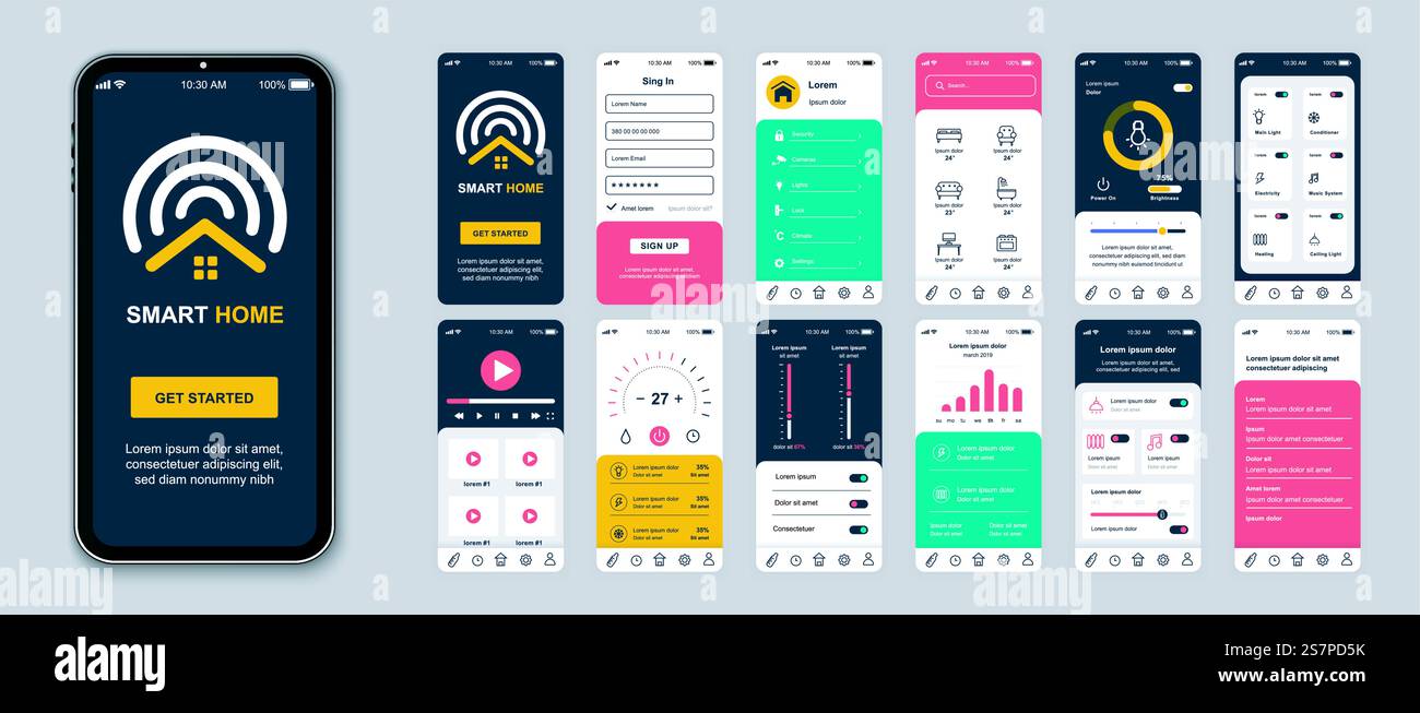 Smart home mobile app screens set for web templates. Pack of login ...
