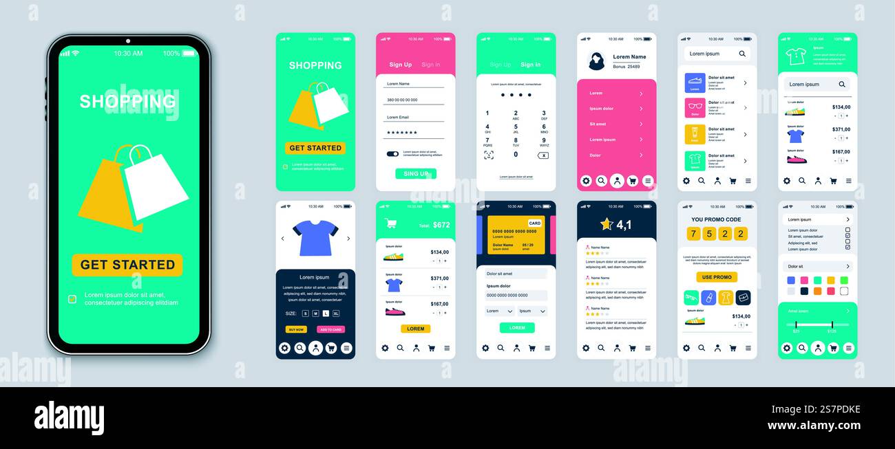 Shopping mobile app screens set for web templates. Pack of login ...