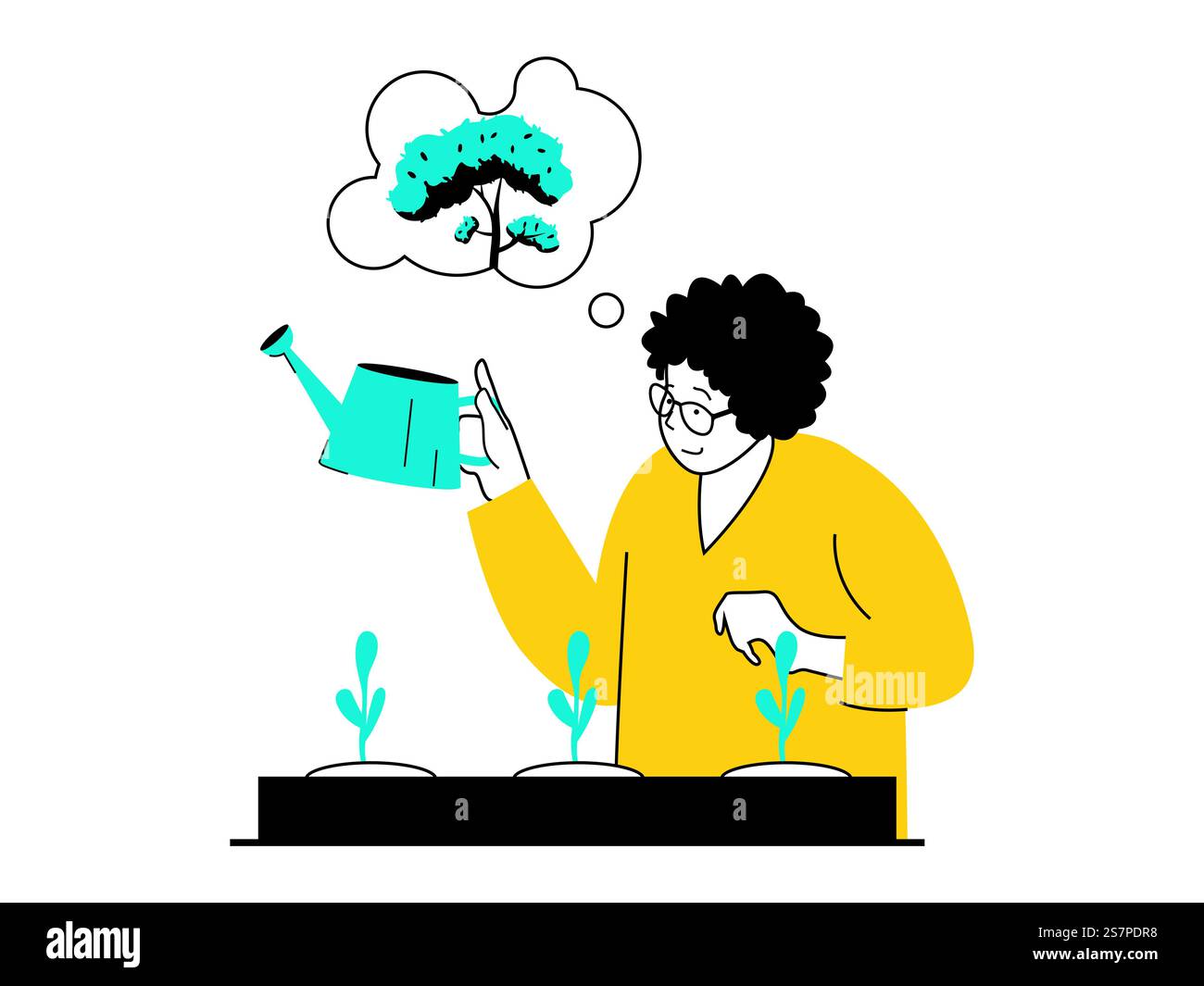 Save Earth concept with character situation. Woman eco volunteer grows ...