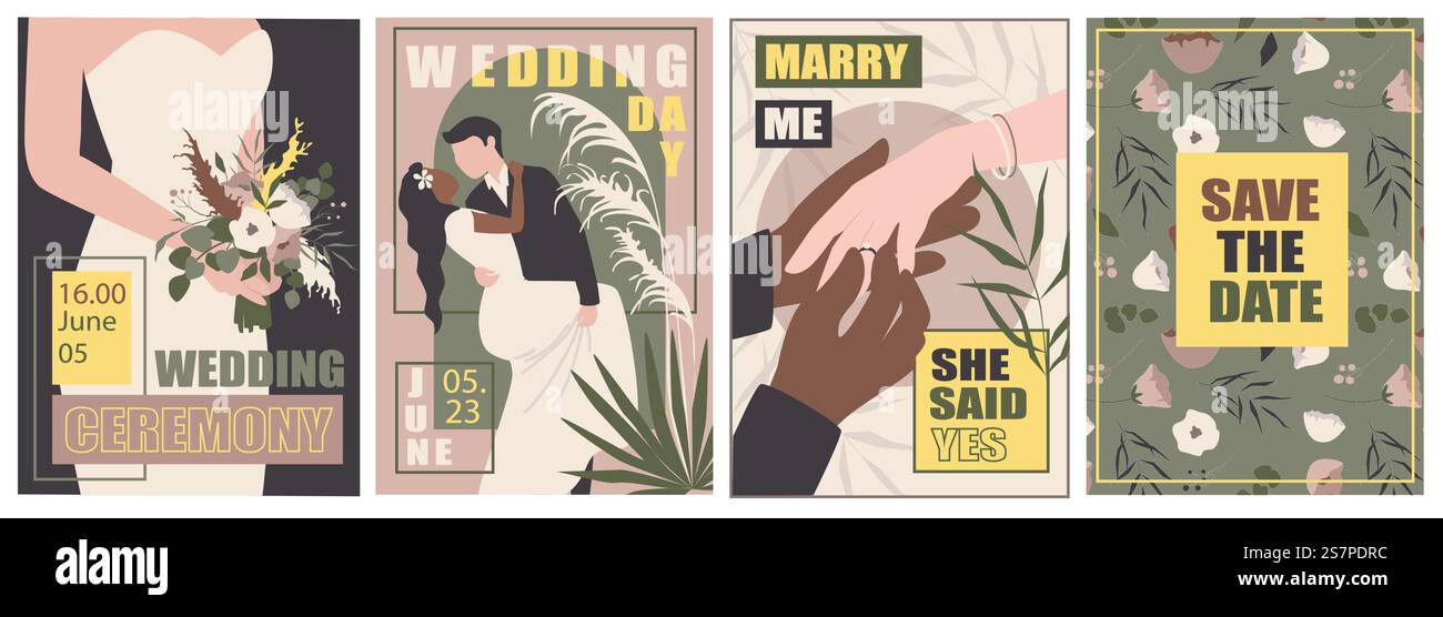 Wedding ceremony cover brochure set in trendy flat design. Poster ...