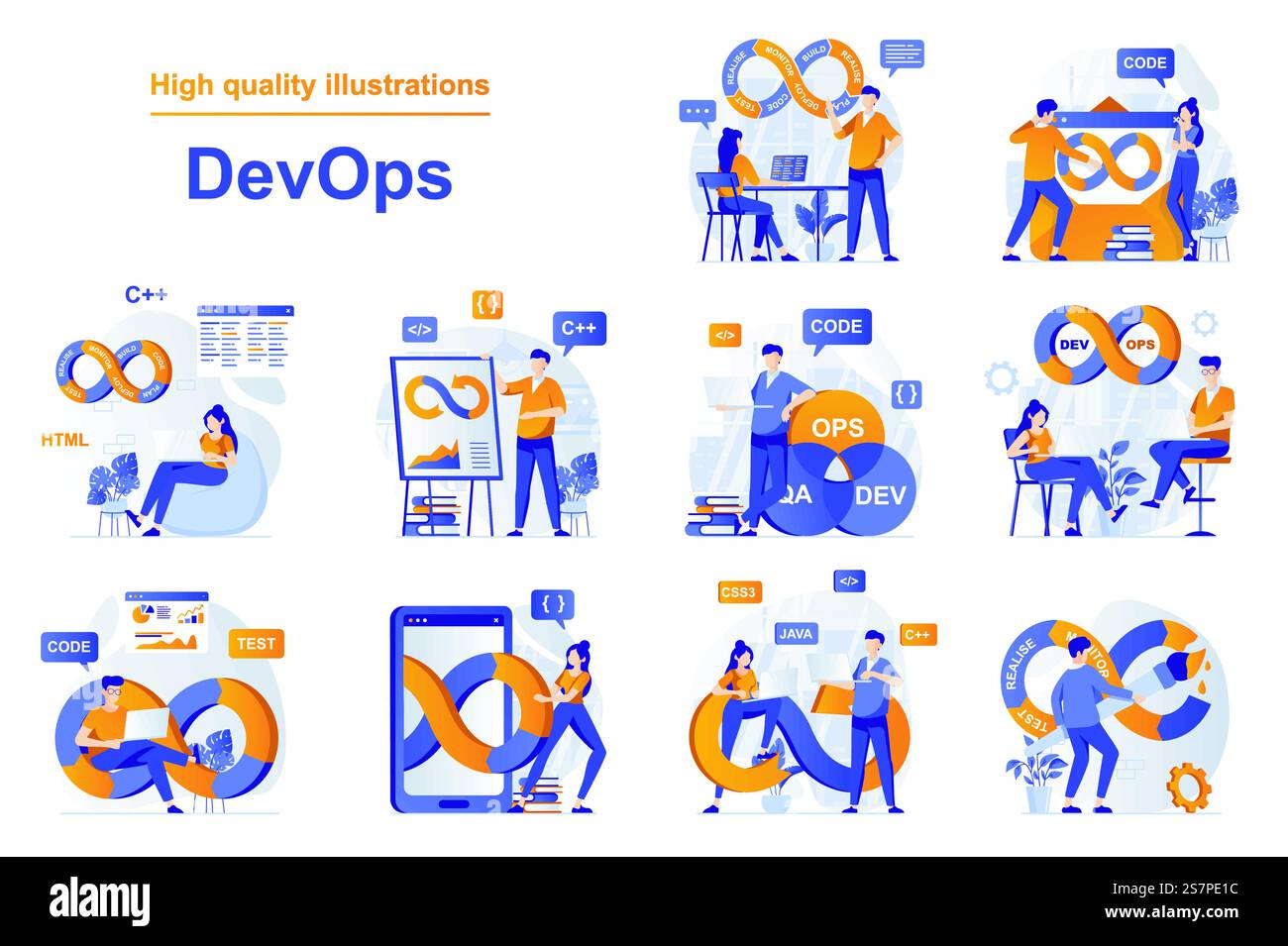 DevOps web concept with people scenes set in flat style. Bundle of programmers interact with tech support engineers, administration development operations. Vector illustration with character design Stock Vector