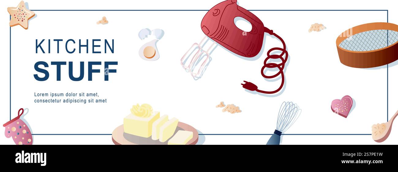 Kitchen stuff horizontal web banner. Mixer, sieve, whisk, spoon, egg ...