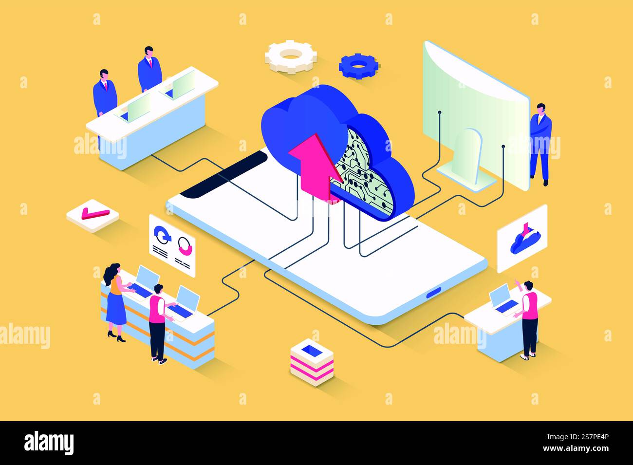 Cloud computing concept in 3d isometric design. Network computing technology, data storage and upload, secure access to database server. Vector illustration with isometry people scene for web graphic Stock Vector