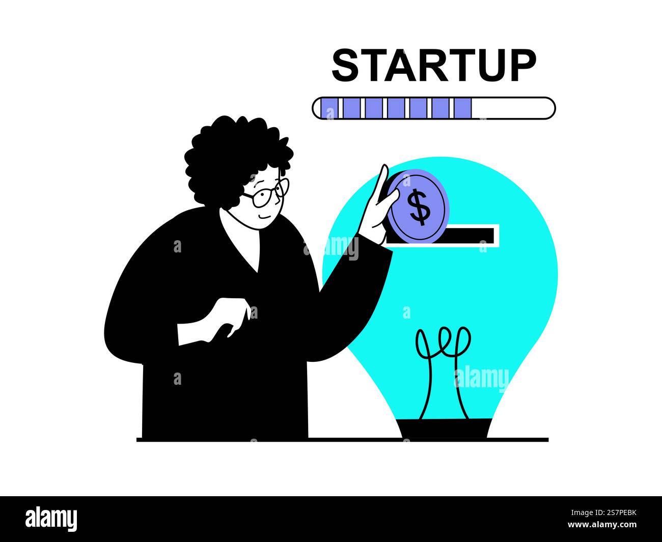 Startup concept with character situation. Woman brainstorms and invests ...