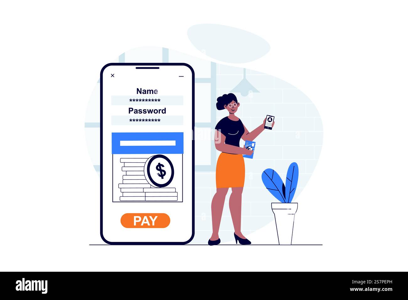 Mobile banking web concept with character scene. Woman manages finances ...