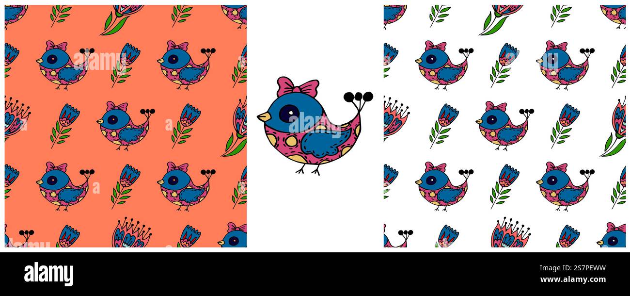 Set Seamless patterns. Folk bird and flower ornament. Pattern in hand ...