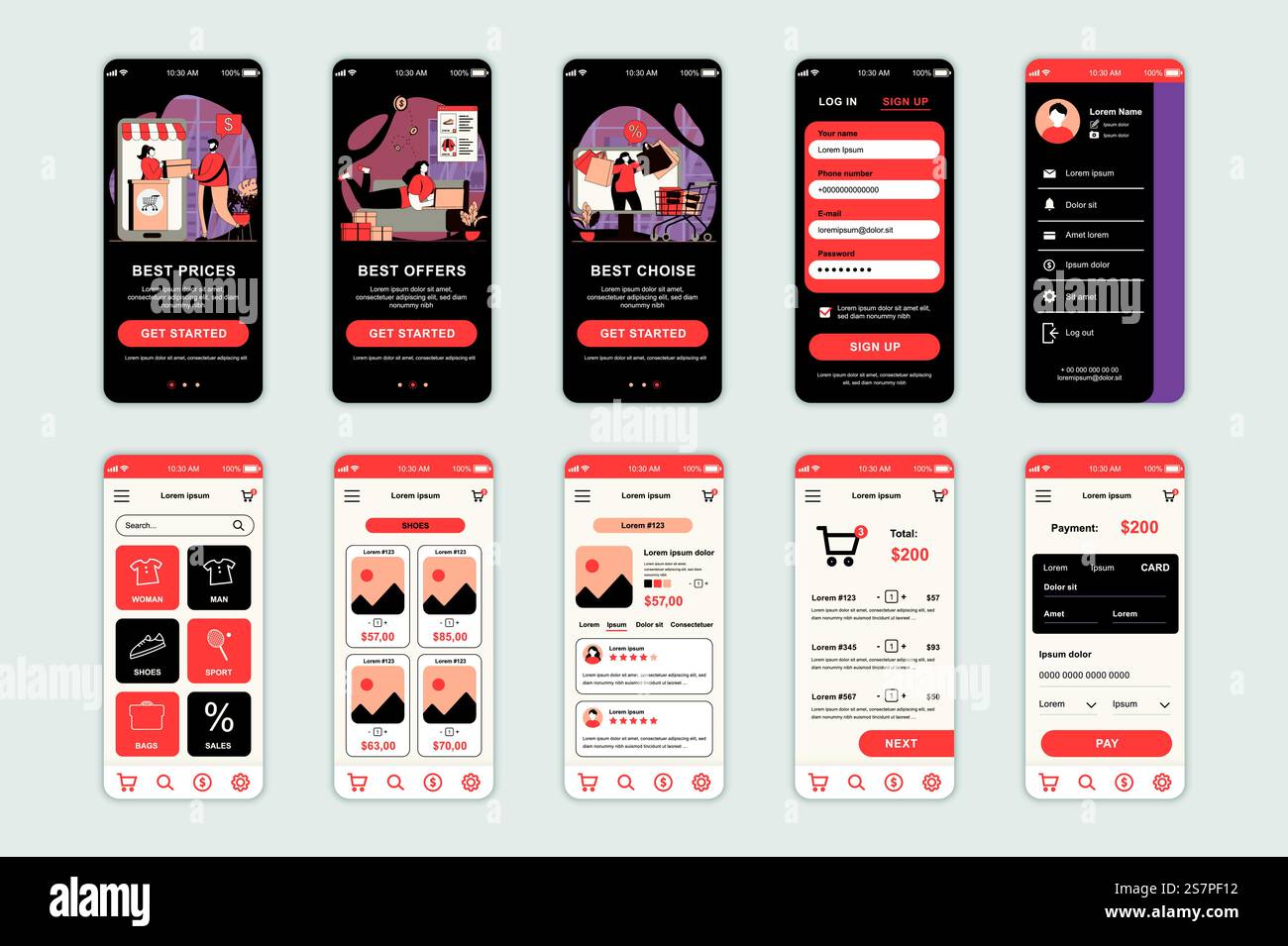 Shopping concept screens set for mobile app template. People shop at ...