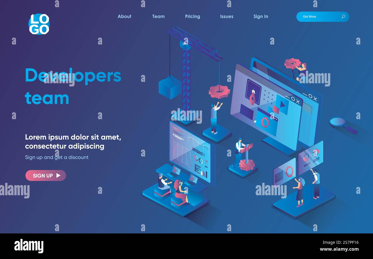 Developers team concept 3d isometric web landing page. People develop programs and applications, optimize interfaces, analyze market and launch products. Vector illustration for web template design Stock Vector