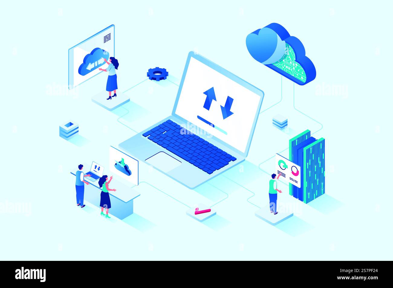 Cloud computing 3d isometric web design. People transfer data, share security access to online storage for other users, use hosting services or work with databases servers. Vector web illustration. Cloud computing 3d isometric web design. Vector web illustration Stock Vector