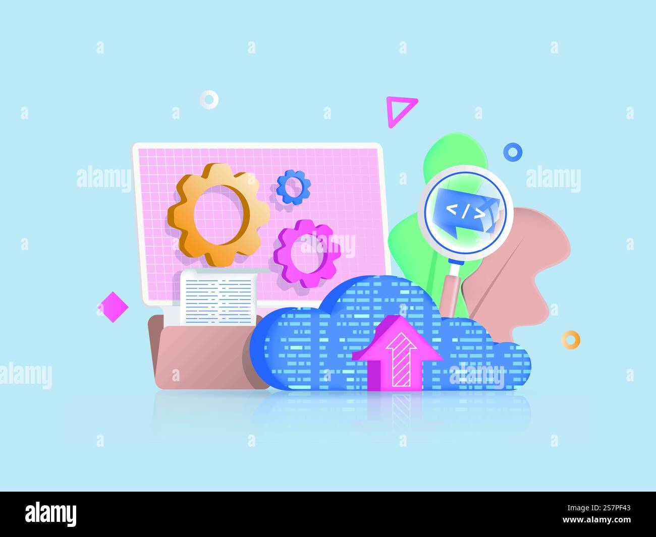 Cloud computing concept 3D illustration. Icon composition with computer screen, uploading and transferring files to cloud service, coding and programming. Vector illustration for modern web design Stock Vector