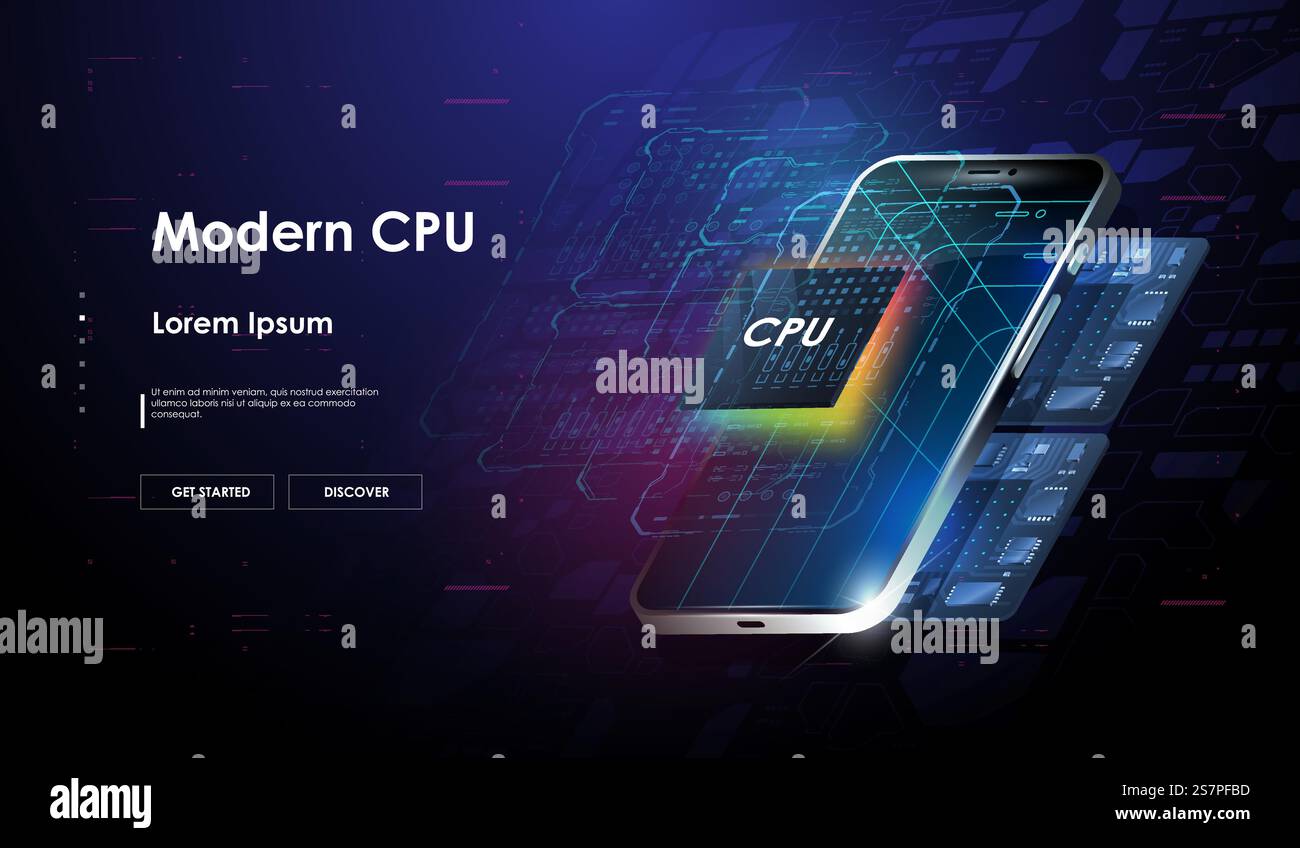 Futuristic microchip processor. Quantum computer database concept. Modern CPU illustration . Digital chip with HUD elements. Central Computer Processors. Tech Futuristic Template. Stock Vector