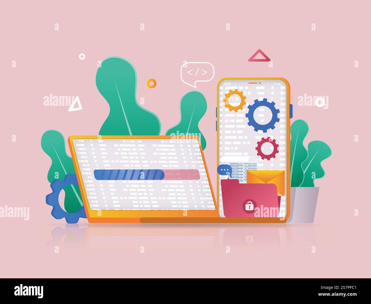 Programming software concept 3D illustration. Icon composition with coding and testing code on laptop or smartphone screens, creating and optimizing software. Vector illustration for modern web design Stock Vector