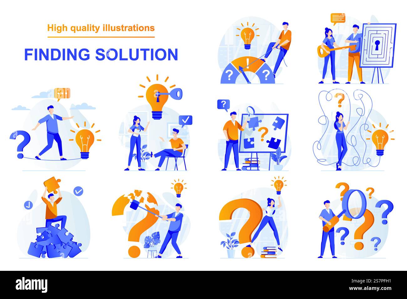 Finding solution web concept with people scenes set in flat style ...