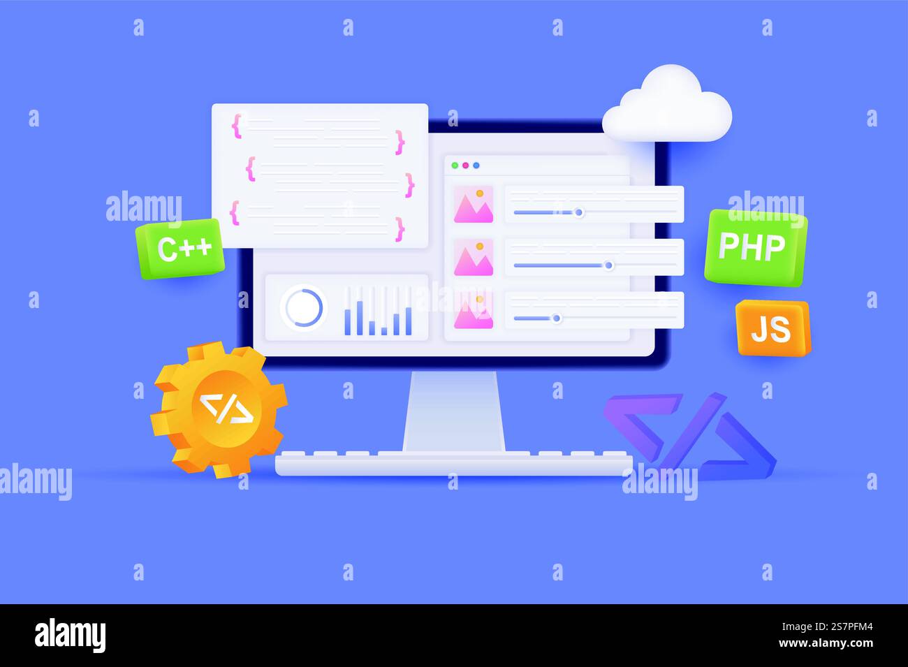 Web development and programming concept 3D illustration. Icon composition with page settings at computer screen, cloud computing, coding, php, java script. Vector illustration for modern web design Stock Vector