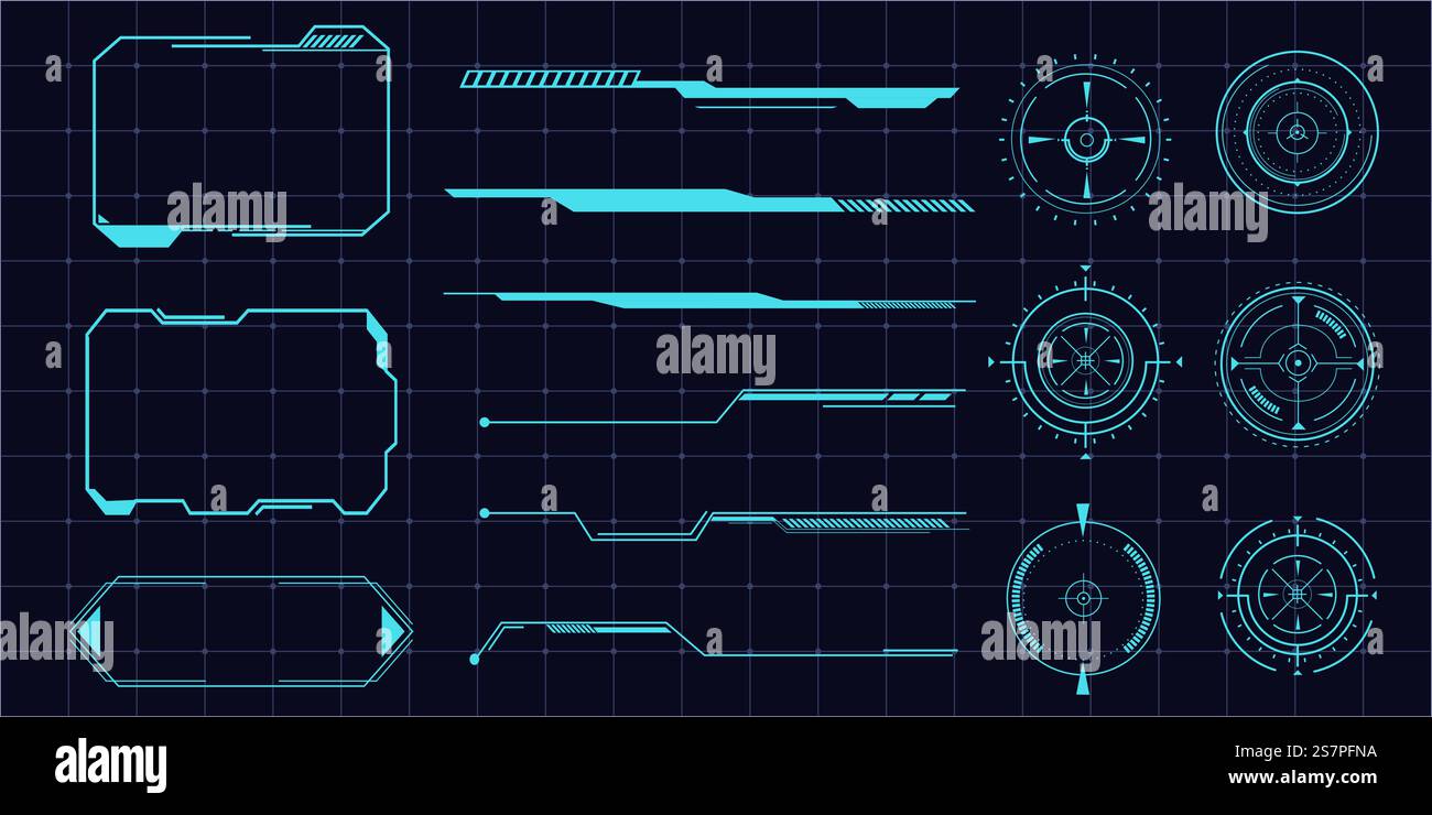 Futuristic HUD frames, borders text box game menu ui panel. Line tech line bar. Screen elements Sci Fi for Gaming UX UI. Vector illustration Stock Vector