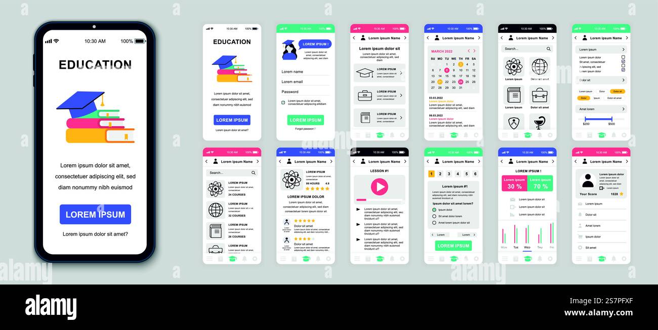 Set of UI, UX, GUI screens Education app flat design template for ...