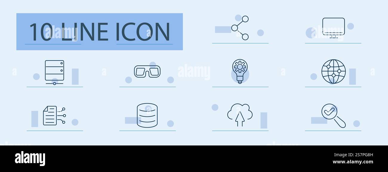 Technology and network set icon. Server, database, cloud upload, connections, virtual reality, global network, innovation, system management, file pro Stock Vector