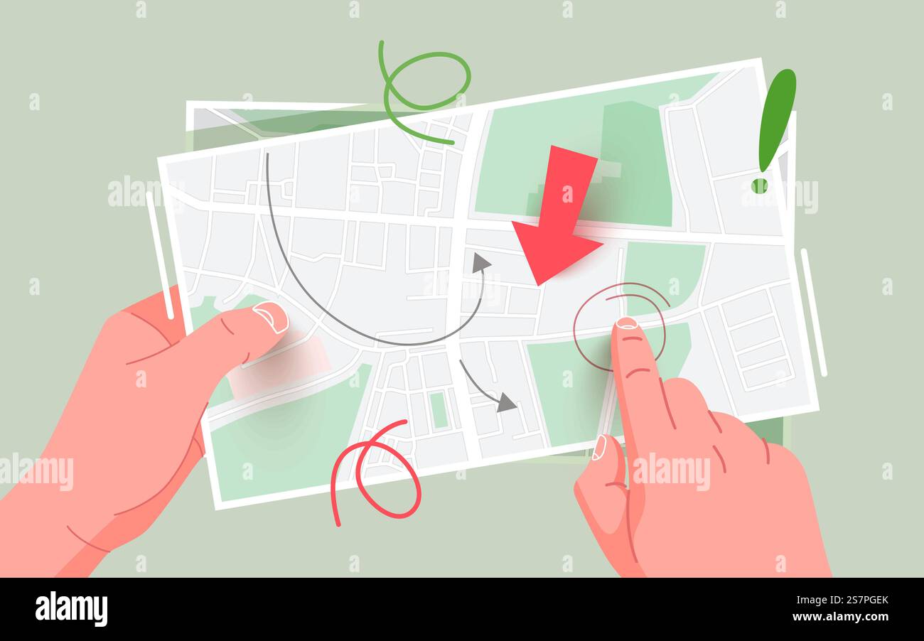 Hands hold a paper map. Tourism and navigation concept. Modern flat ...