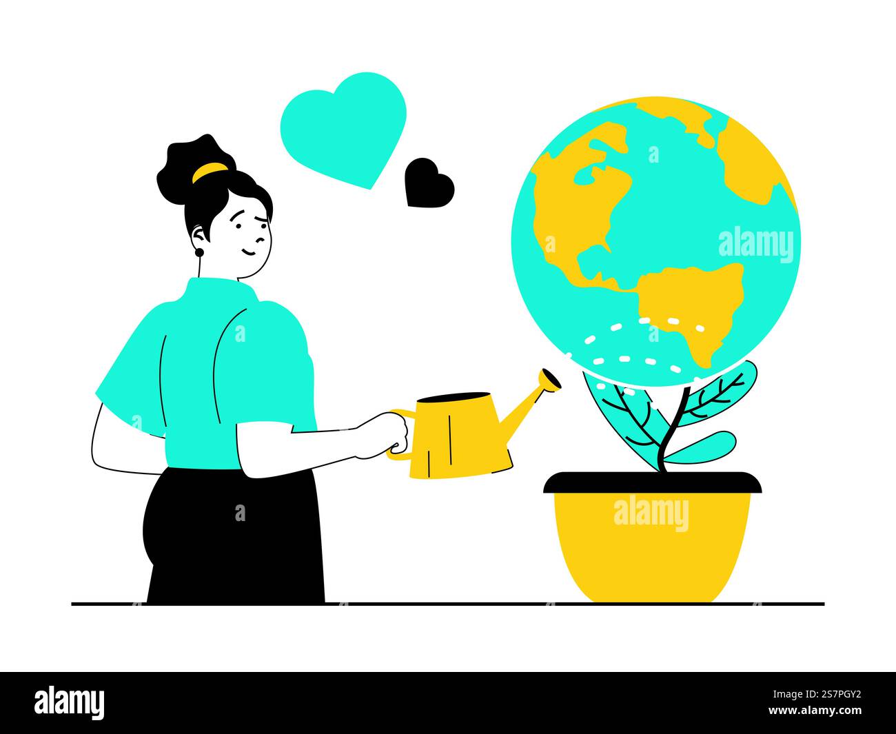 Save Earth concept with character situation. Woman watering planet ...