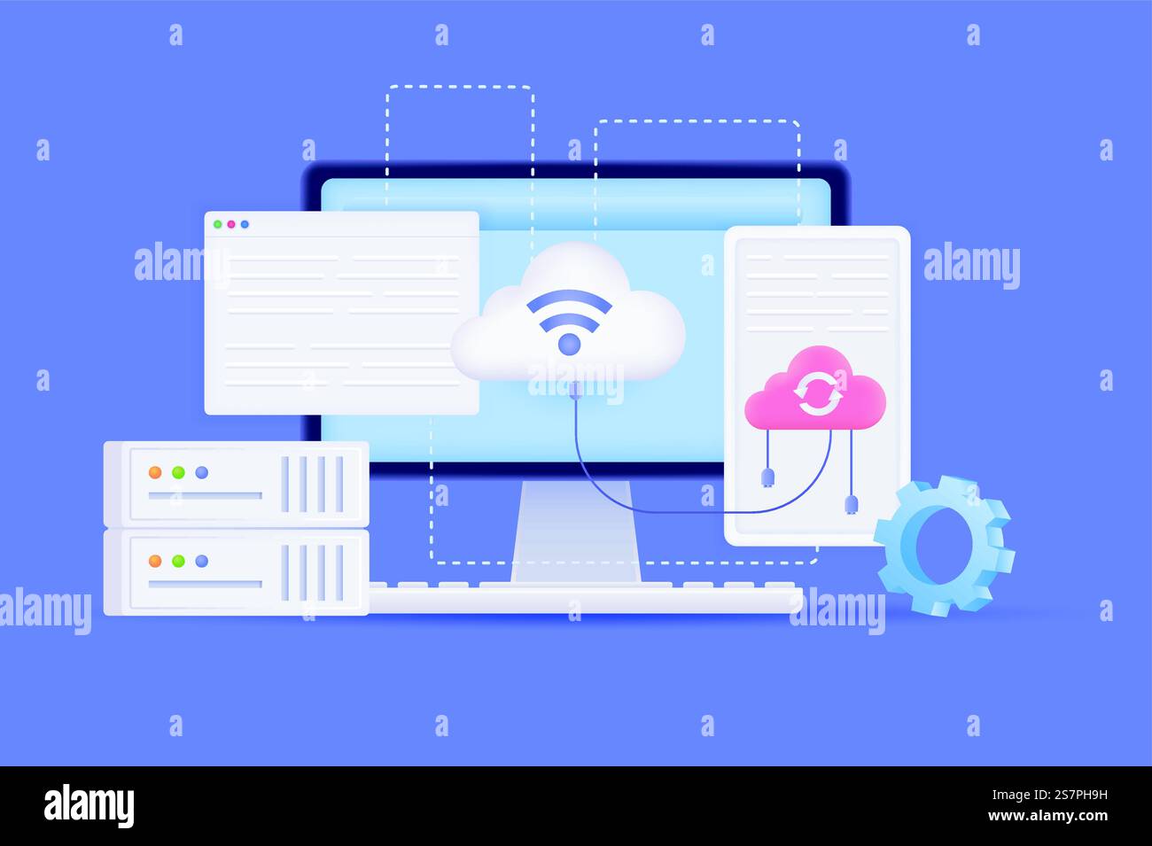 Cloud computing and storage concept 3D illustration. Icon composition with computer screen, files upload and processing, settings servers and data center. Vector illustration for modern web design Stock Vector