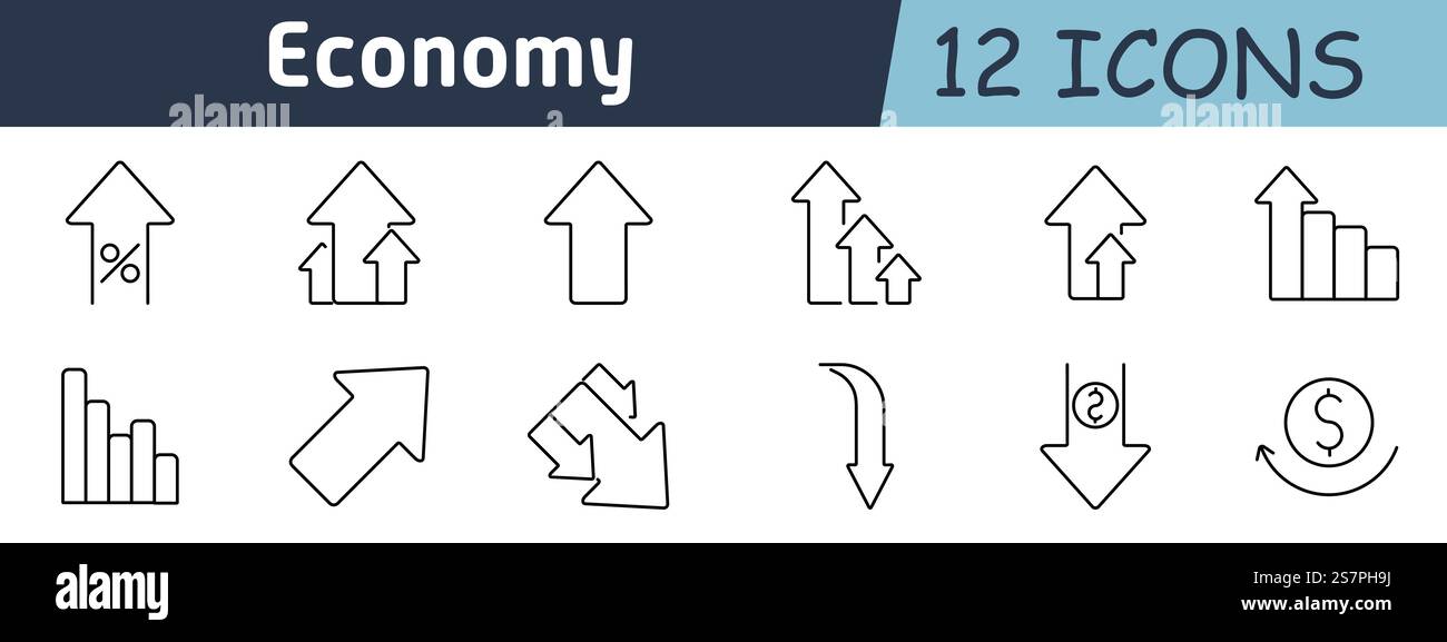 Economy set icon. Upward and downward arrows, percentage sign, growth ...