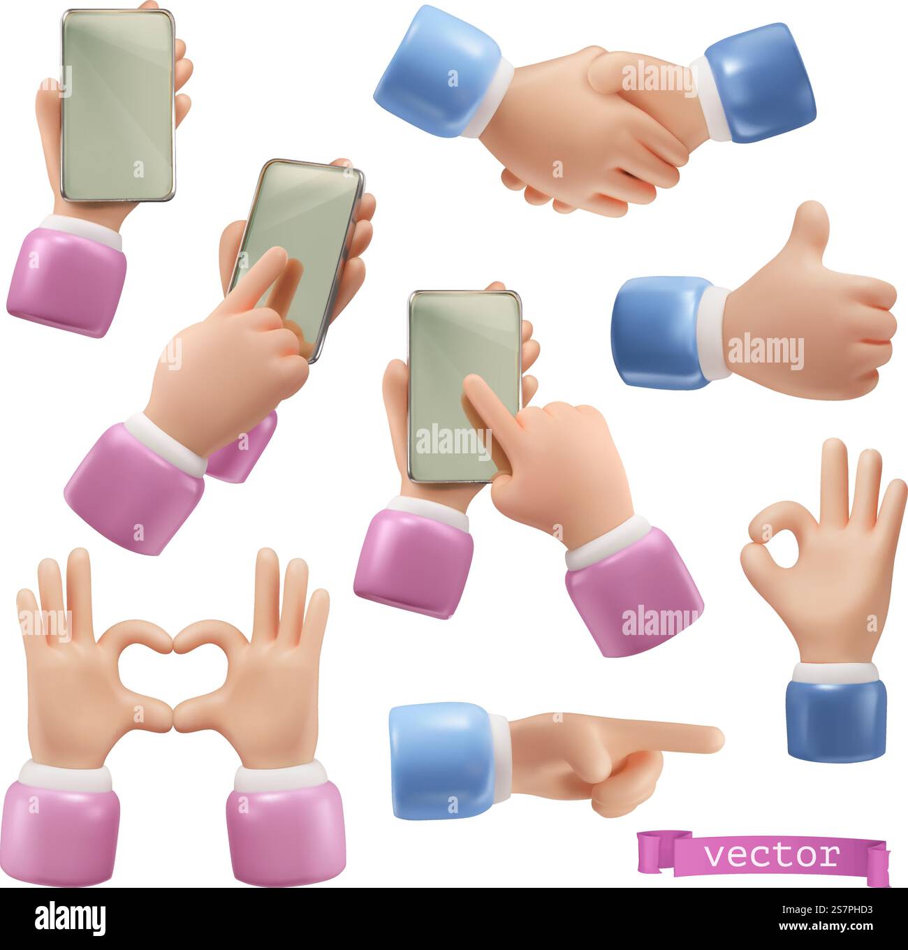 Hands with a mobile phone, handshake, heart sign, okay, thumb up ...
