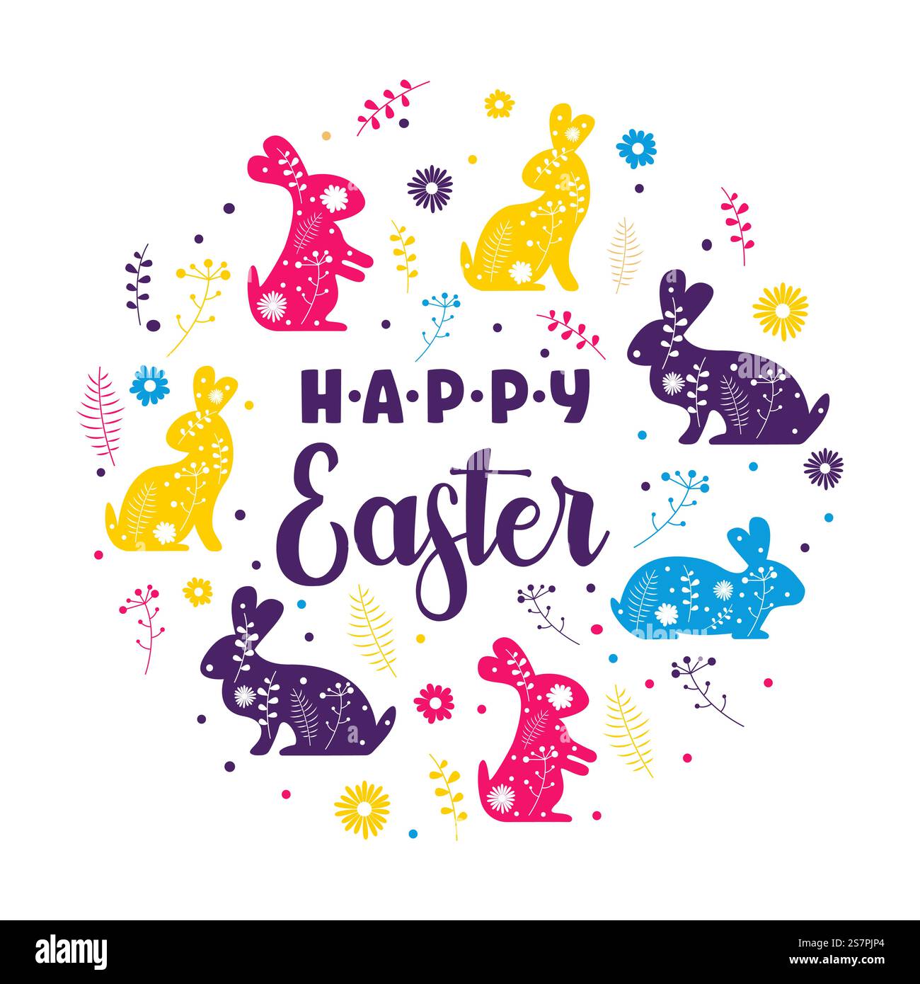 Hand drawn Easter pattern with bunnies, flowers vector design icon ...