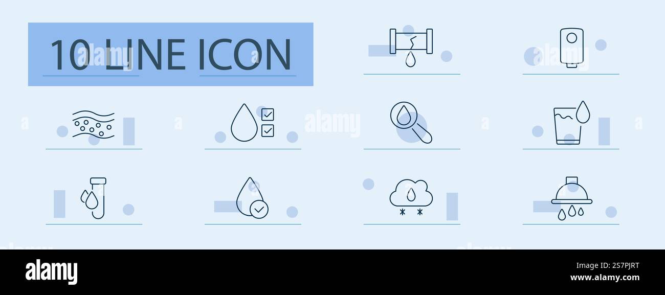 Water filtration and quality set icon. Droplet, pipe, filtration, water ...