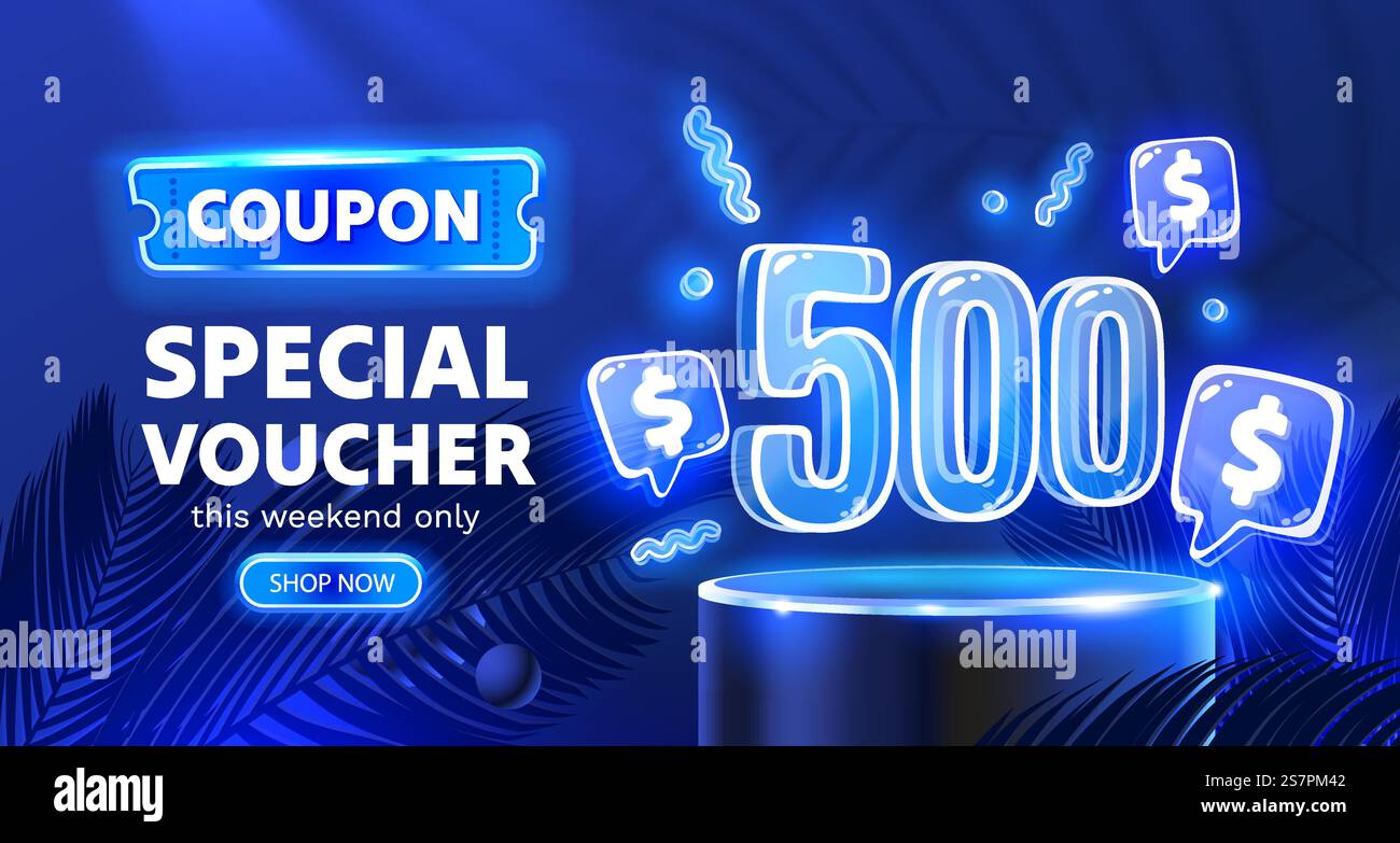 Coupon special voucher 500 dollar, Neon banner special offer. Vector ...