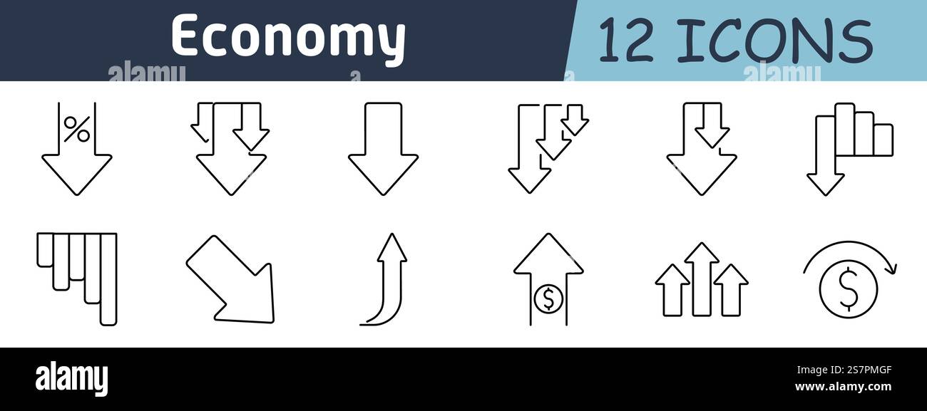 Economy set icon. Downward arrows, bar charts, percentage decrease, financial loss, market decline, currency symbols, changes in profit, economic down Stock Vector