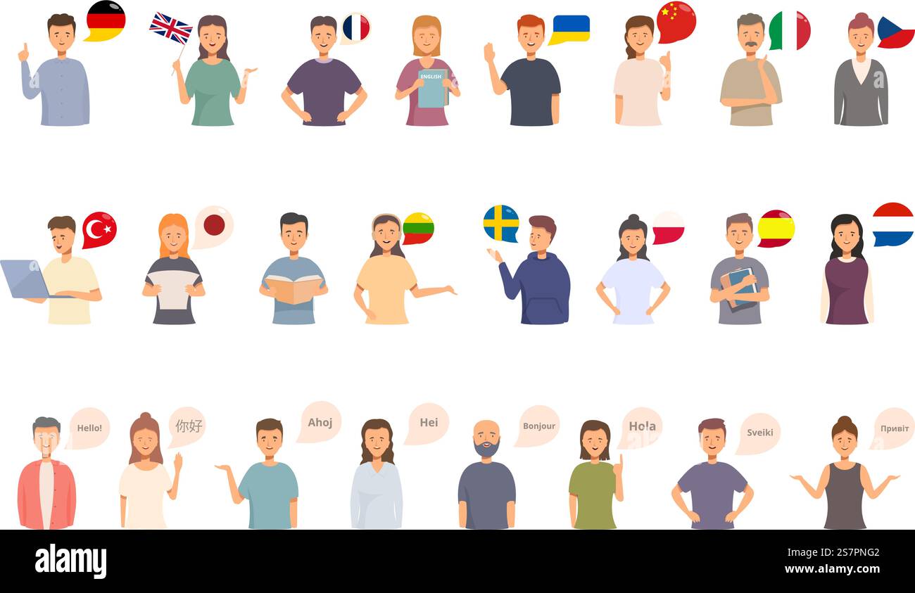 Learning a new language icons set cartoon vector. Book learn. Digital business. Learning a new language icons set cartoon vector. Book learn Stock Vector