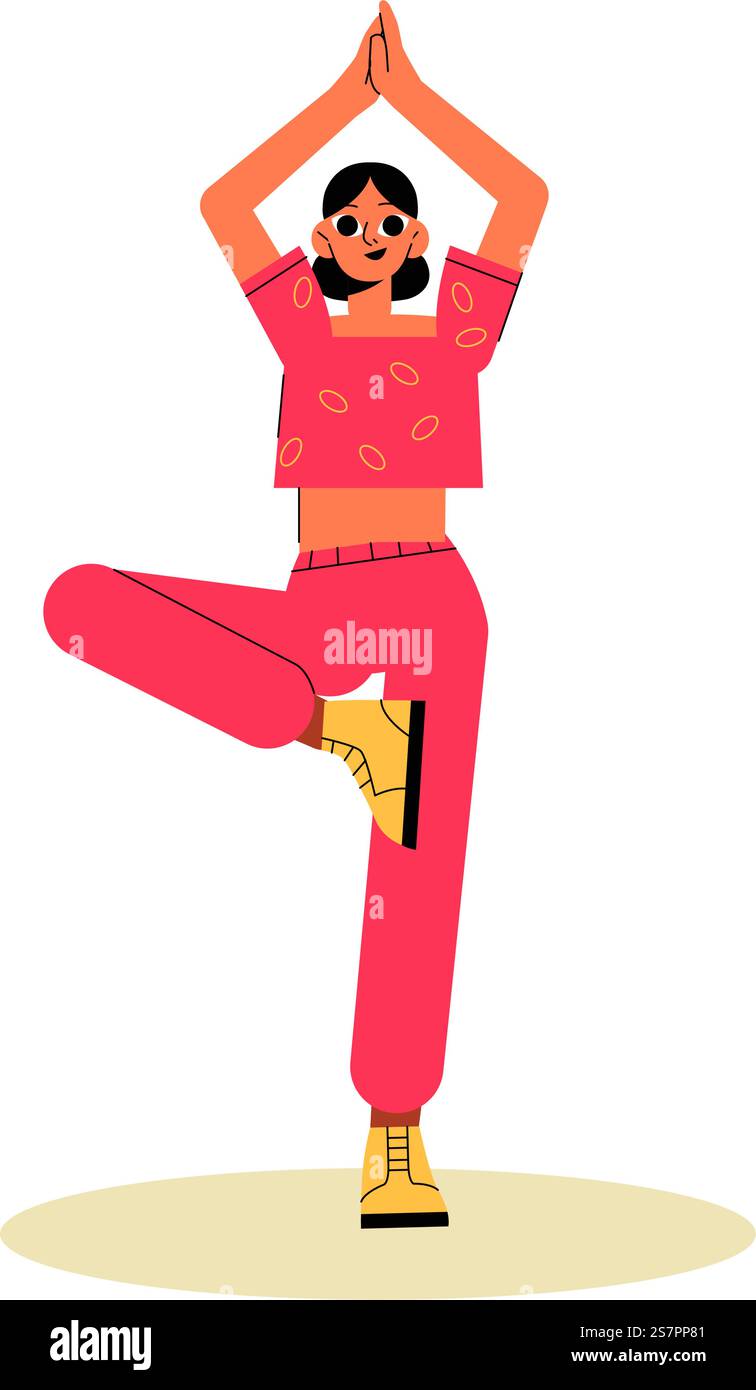 Woman In Tree Pose Practicing Yoga In Flat Vector Illustration ...