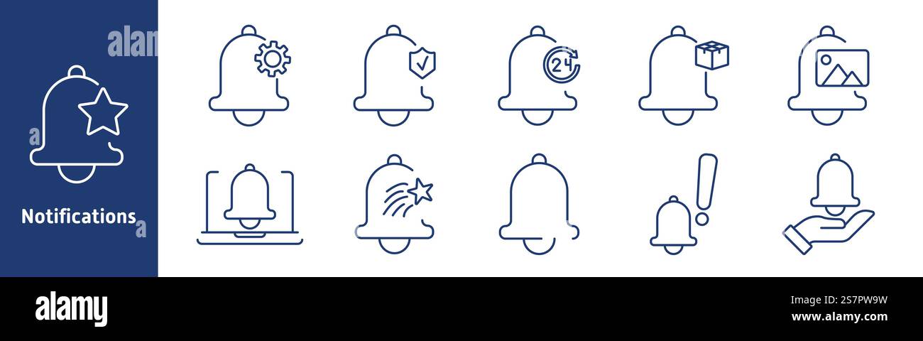 Notifications set icon. Alert bell, settings, security, 24 hour updates ...