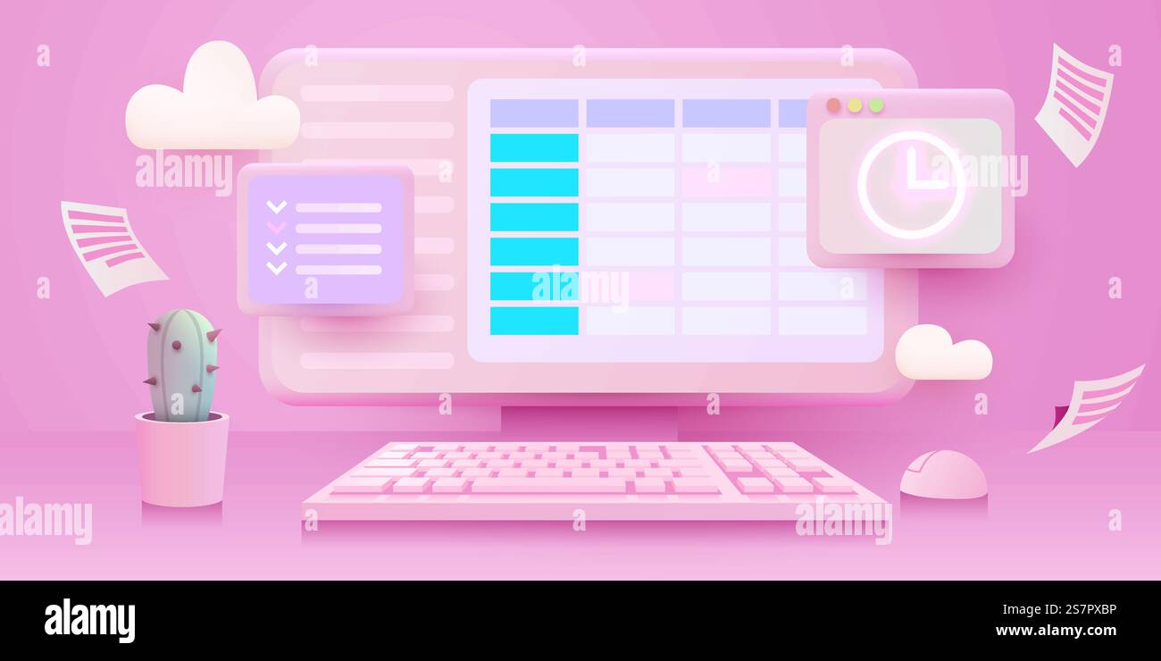 Calendar and clock on computer screen. Schedule concepts. Modern ...