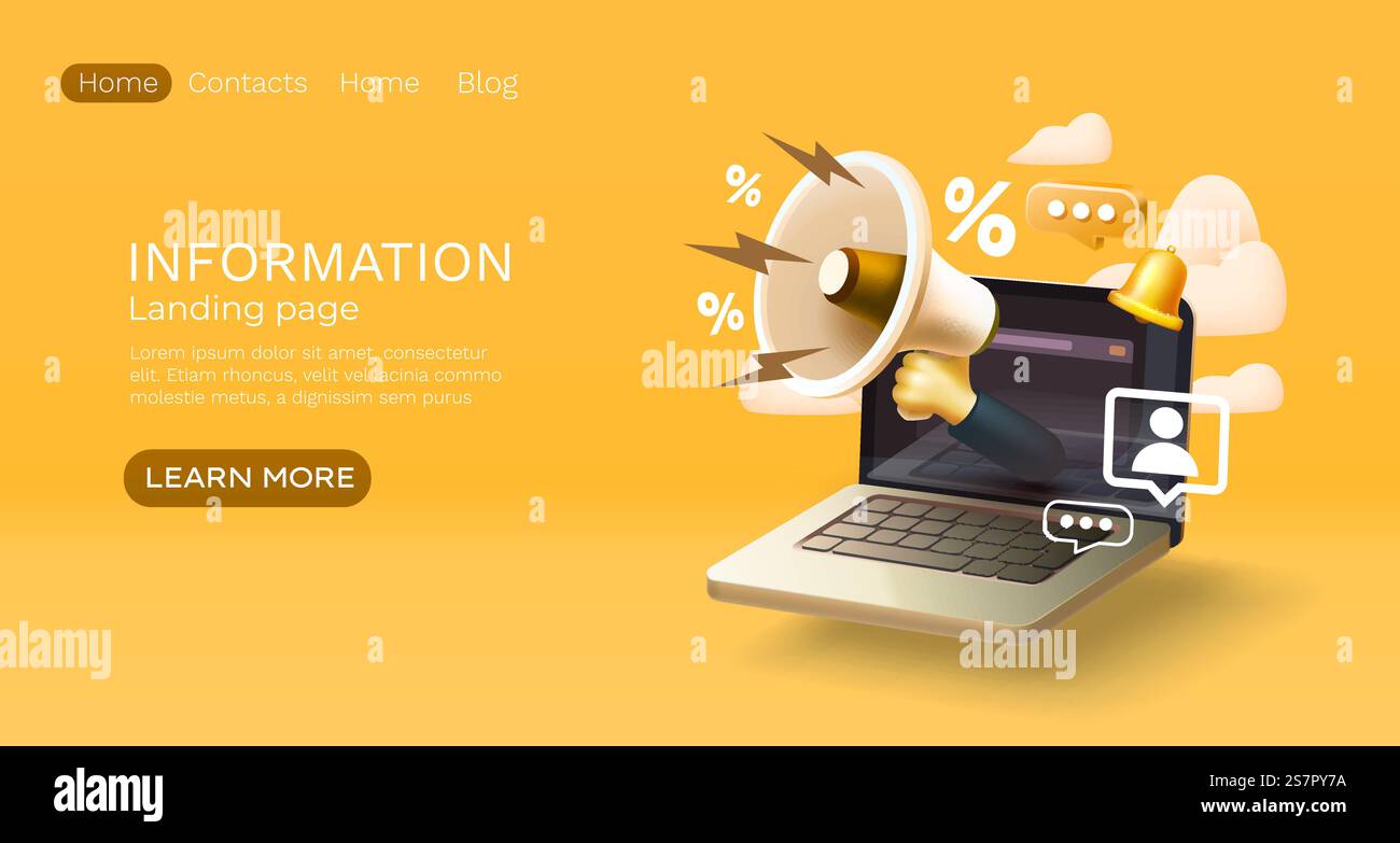 Landing page laptop information, website banner message. Vector ...