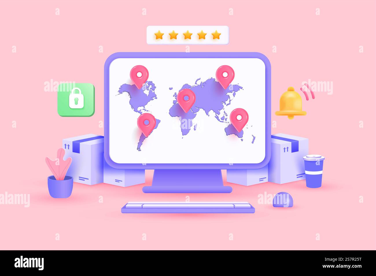 Pc with the world map and location pin on screen. Cardboard box with an ...