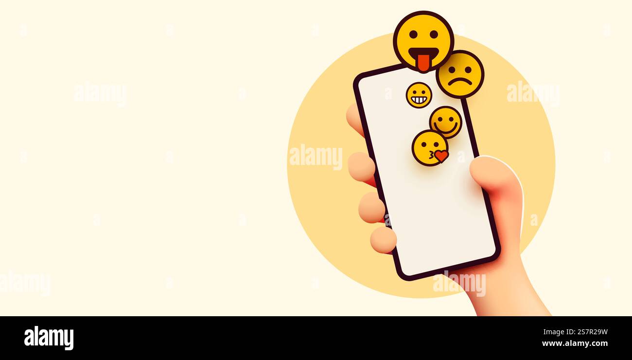 Hand holding phone emoticons. Social media and messenger chatting ...