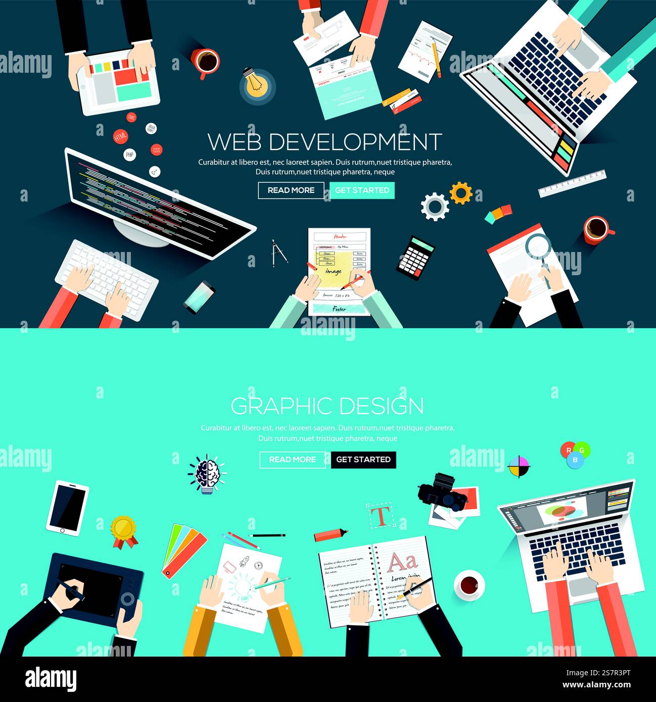 Flat designed banners for web development and graphic design. Vector Stock Vector