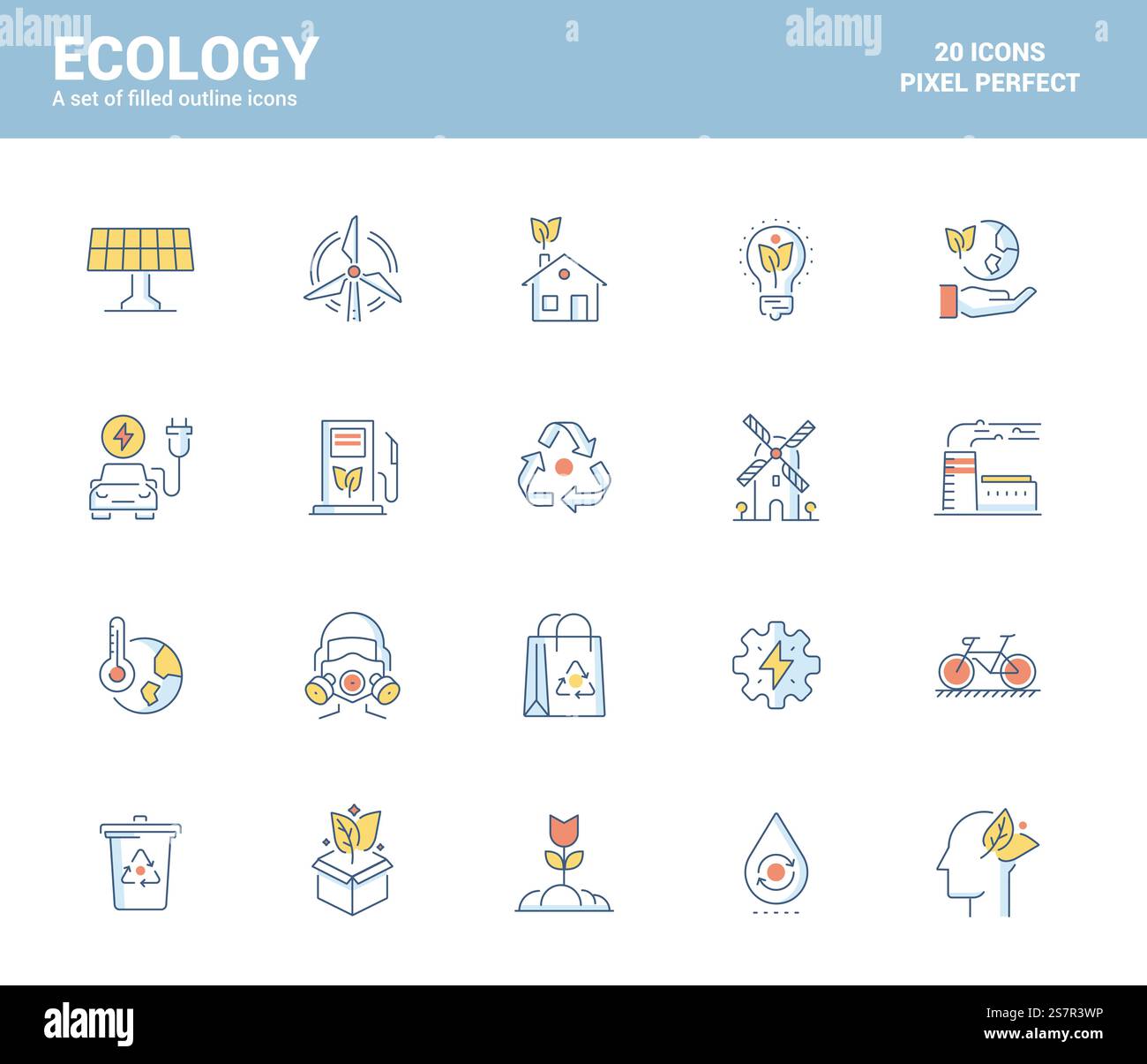 Set of flat line filled icons for Ecology theme, suitable for mobile ...