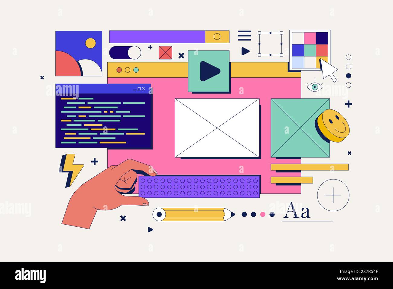 Web development, web design concept with UI UX elements collage for web banner op poster. Vector illustration Stock Vector