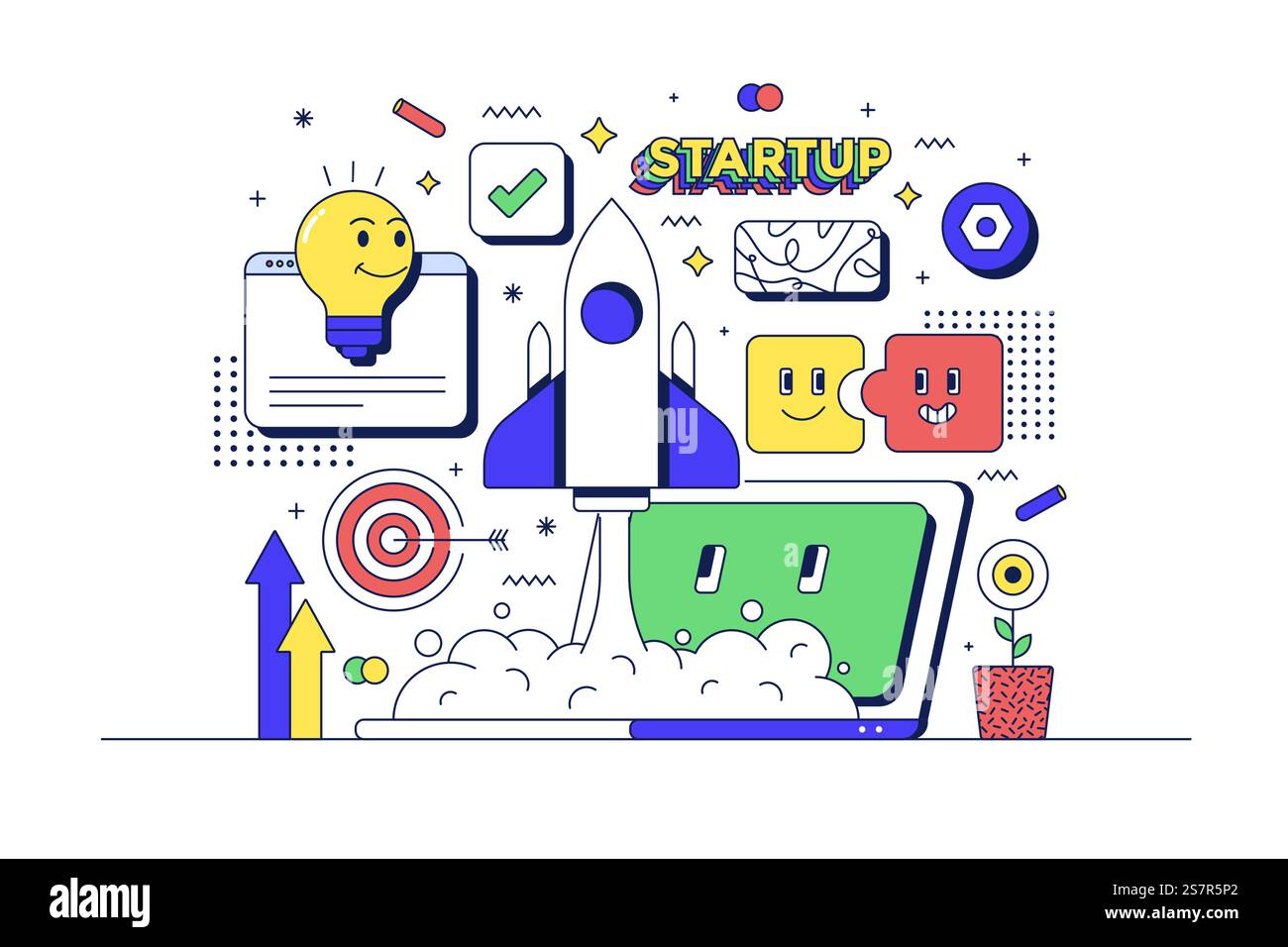 Startup concept. Laptop, rocket and related icons. Flat line 90s ...