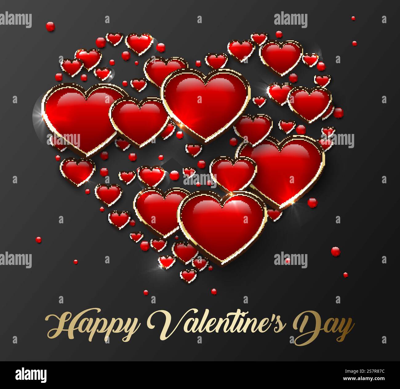 Happy Valentine’s Day Greeting Card with glossy red 3d heart in golden ...
