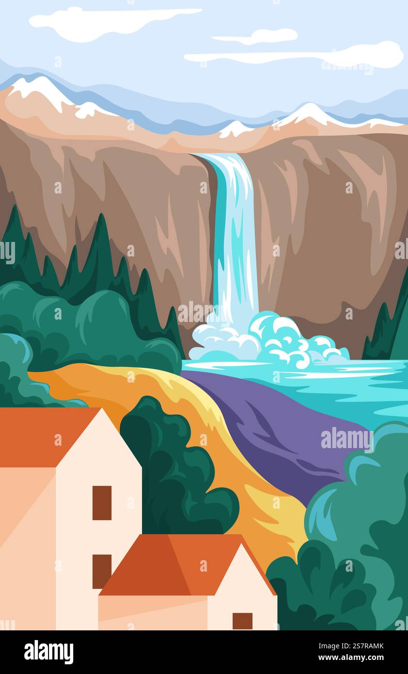 Nature landscape of village or rural area with waterfall and houses ...