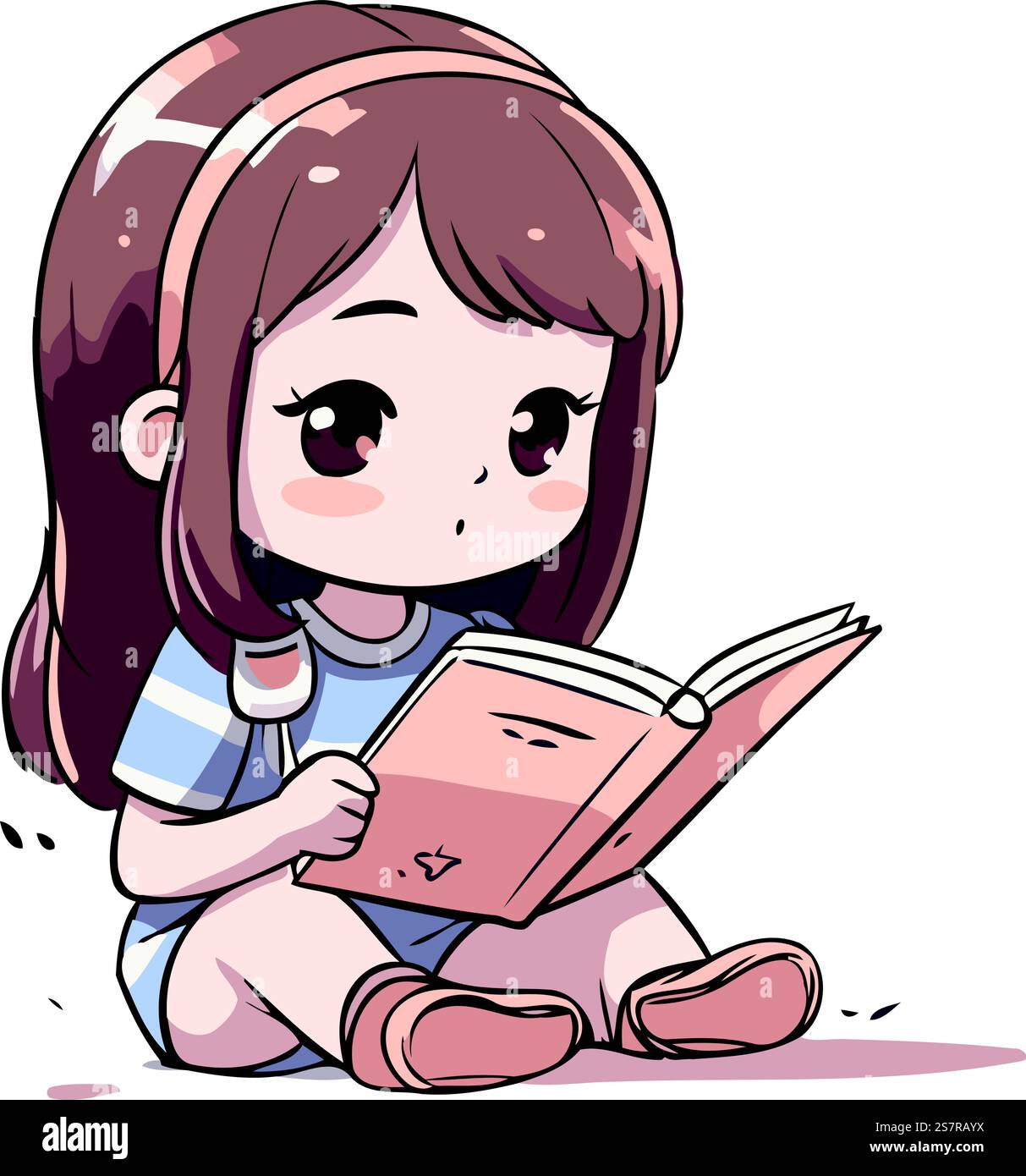 Cute little girl sitting and reading a book. Vector illustration Stock ...