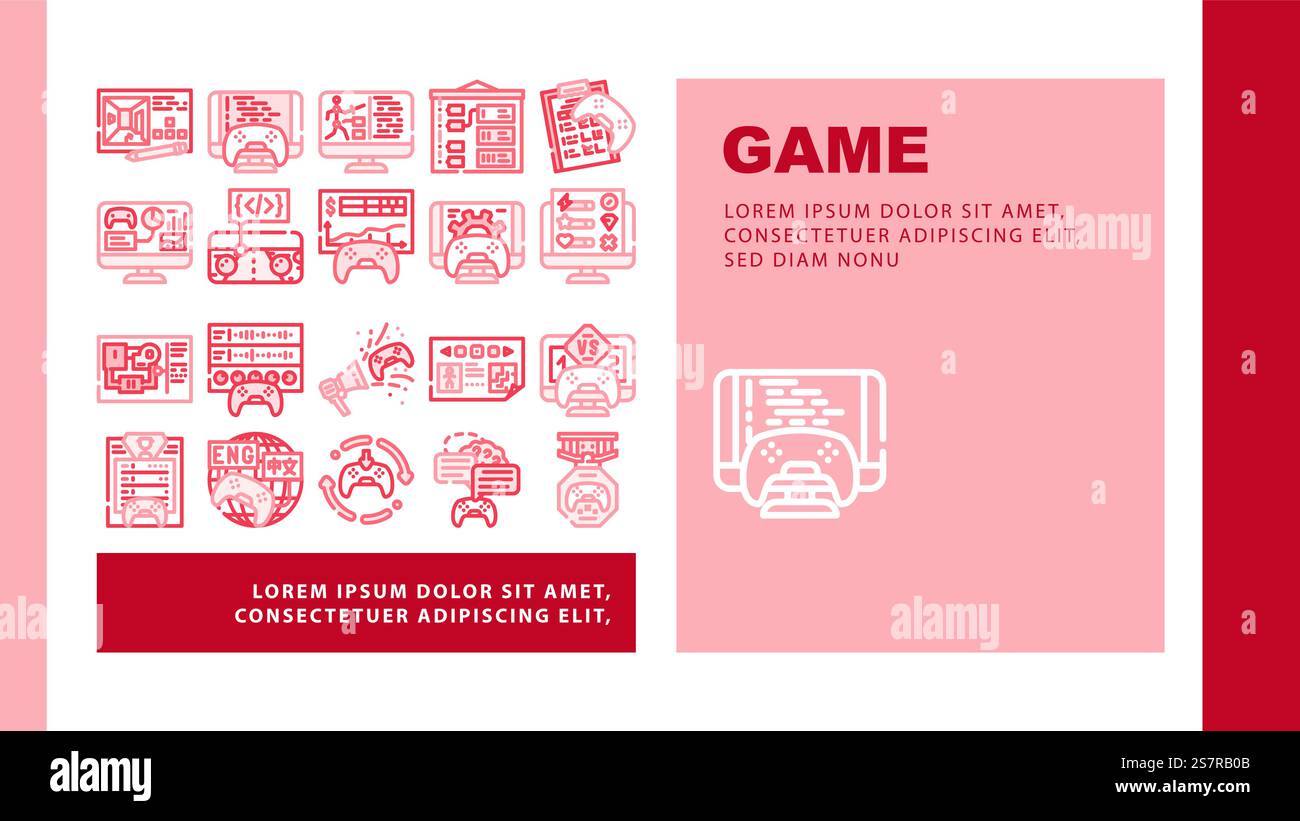 game development software landing web page vector. computer screen, industry technology, office people, young code, program developer game development software Illustration. game development software landing header vector Stock Vector